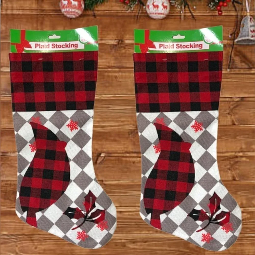 Christmas Stocking Cardinals Buffalo Check Plaid Red Black 17 inch 2 Piece